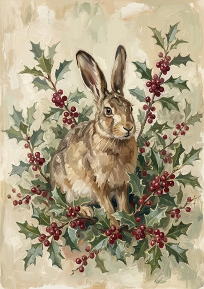 Poster featuring a brown hare sitting amidst dark green holly leaves and bright berries.
