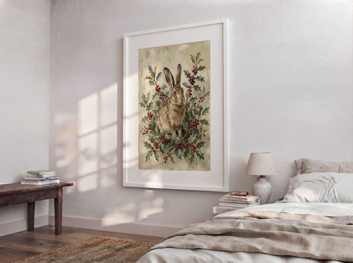 Poster featuring a brown hare sitting amidst dark green holly leaves and bright berries.