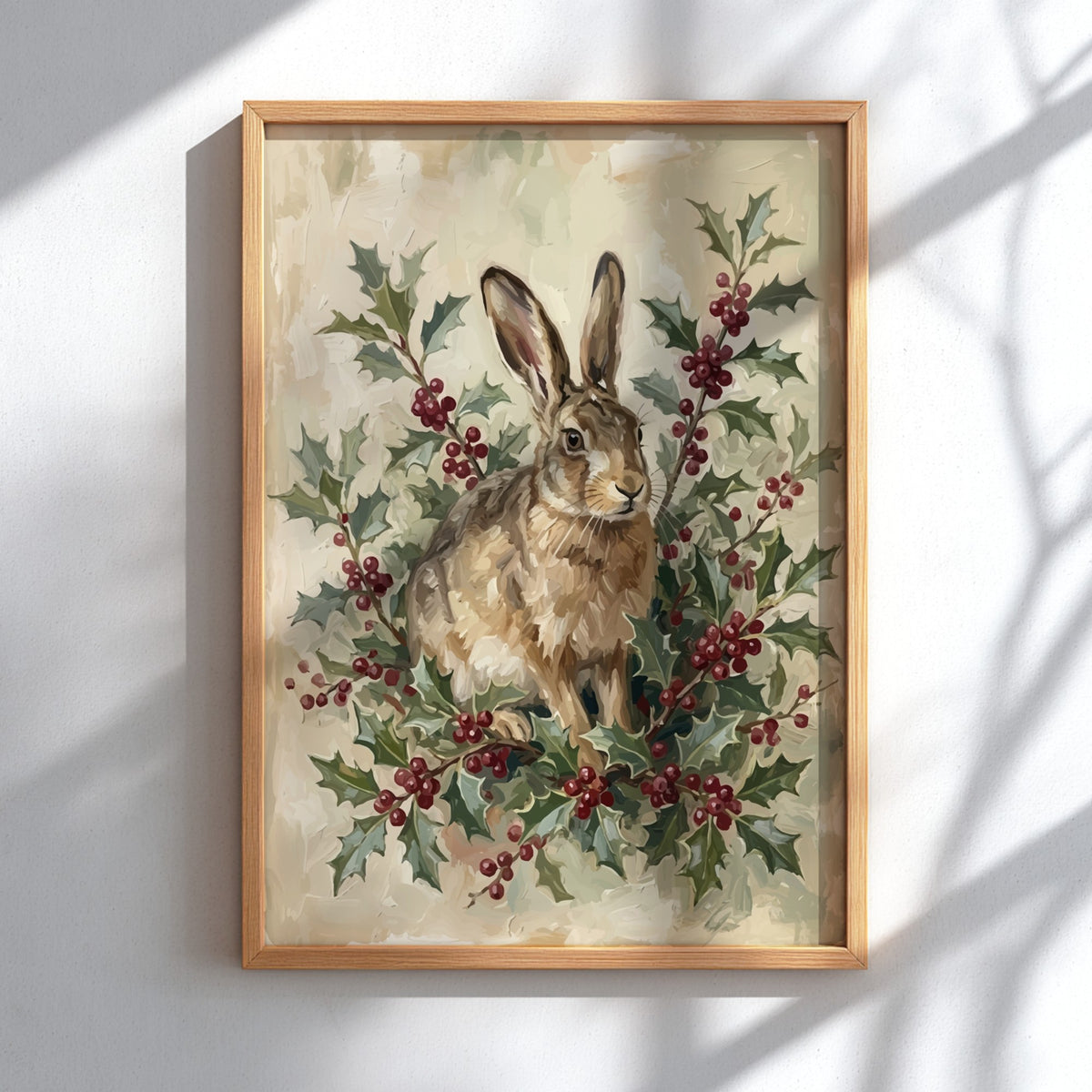 Poster featuring a brown hare sitting amidst dark green holly leaves and bright berries.