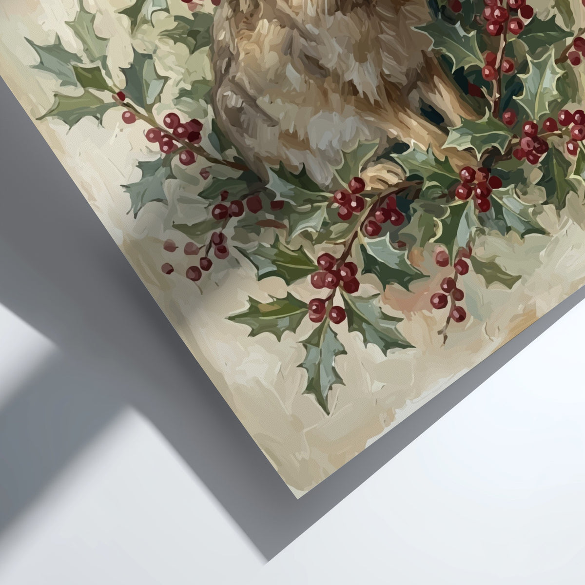 Poster featuring a brown hare sitting amidst dark green holly leaves and bright berries.