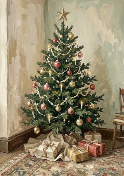 Christmas tree poster with red and gold ornaments and candles in vintage style
