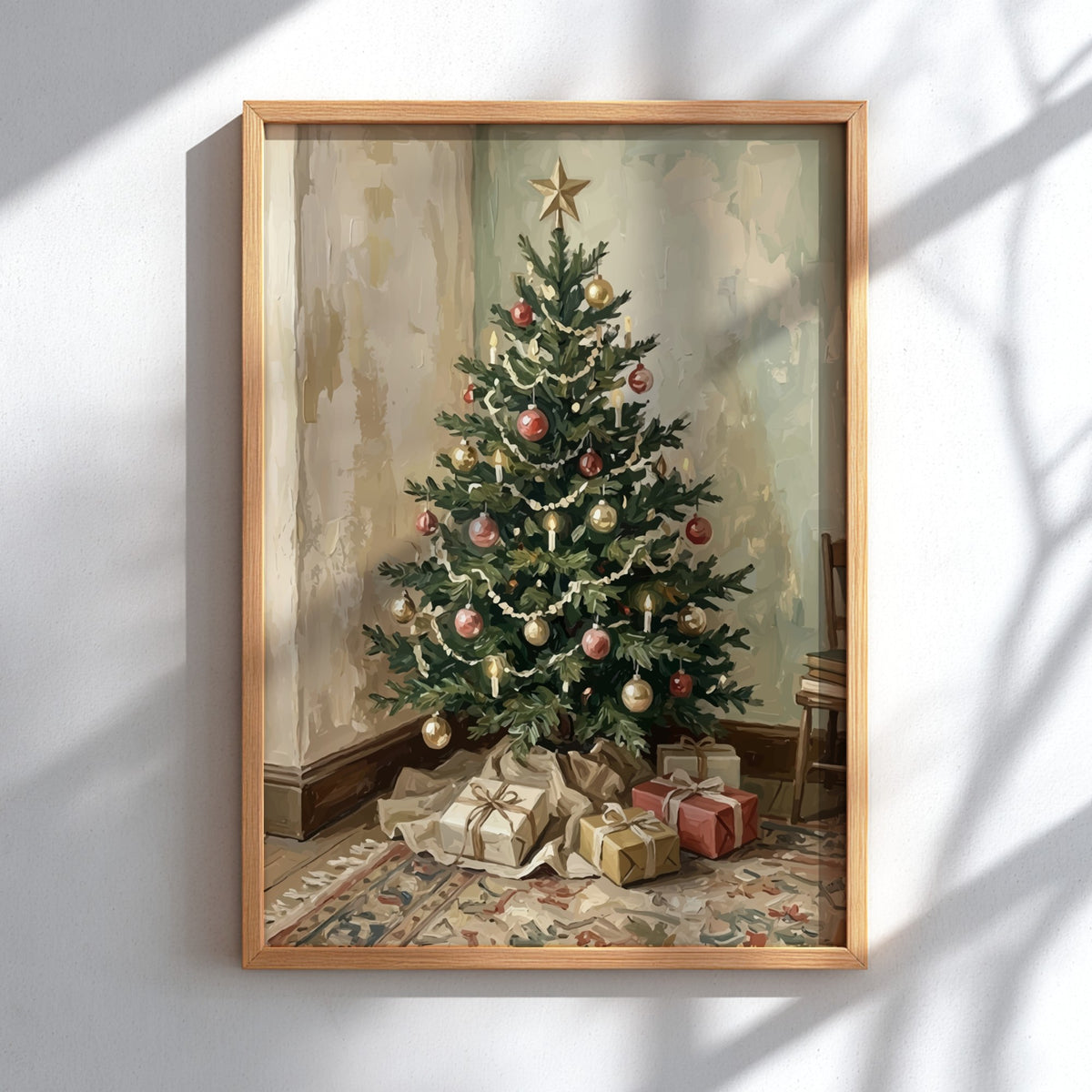 Christmas tree poster with red and gold ornaments and candles in vintage style