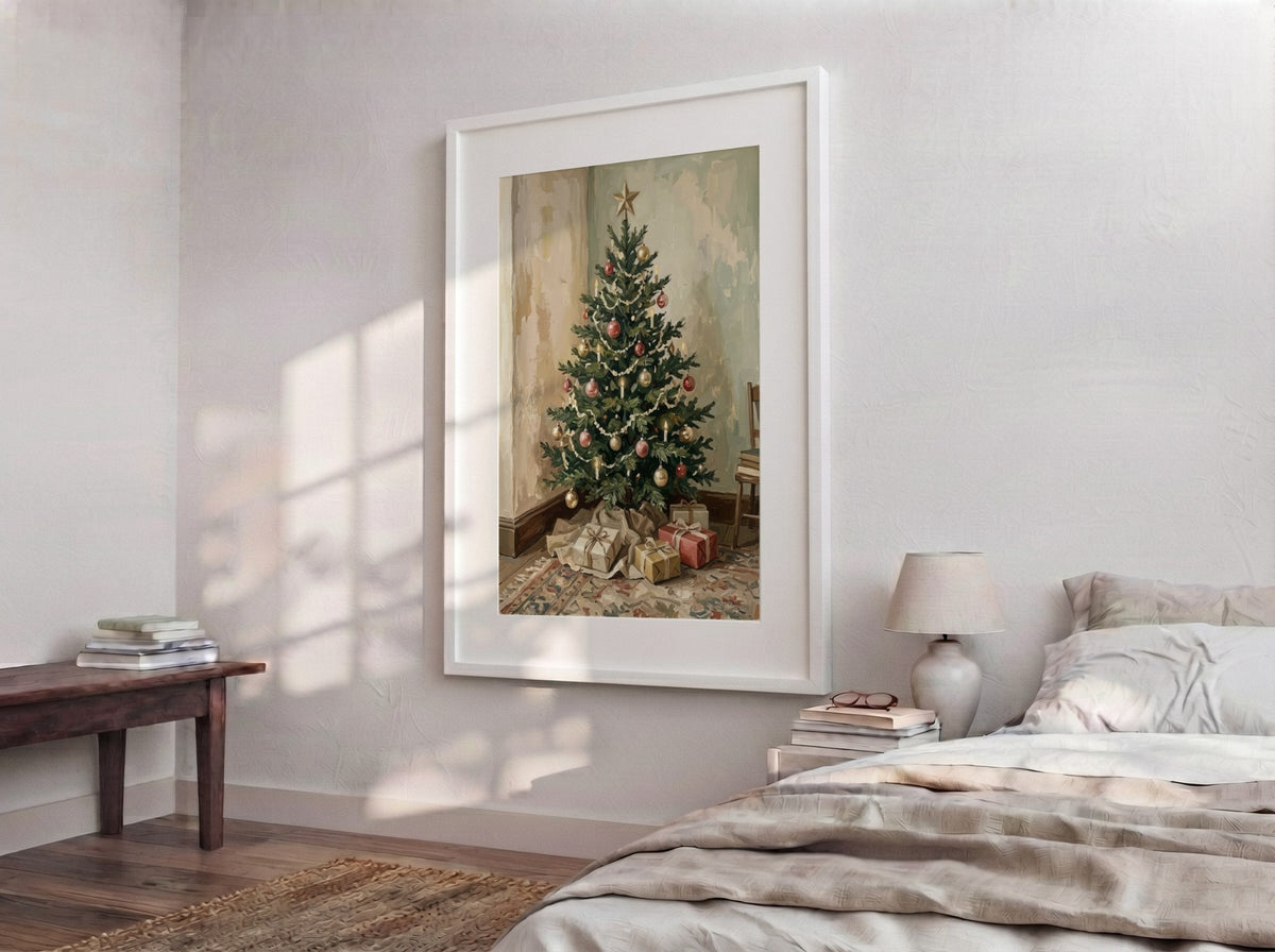 Christmas tree poster with red and gold ornaments and candles in vintage style