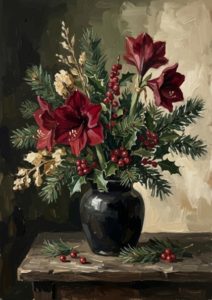 Poster featuring deep red amaryllis flowers with pine boughs and holly berries in vase
