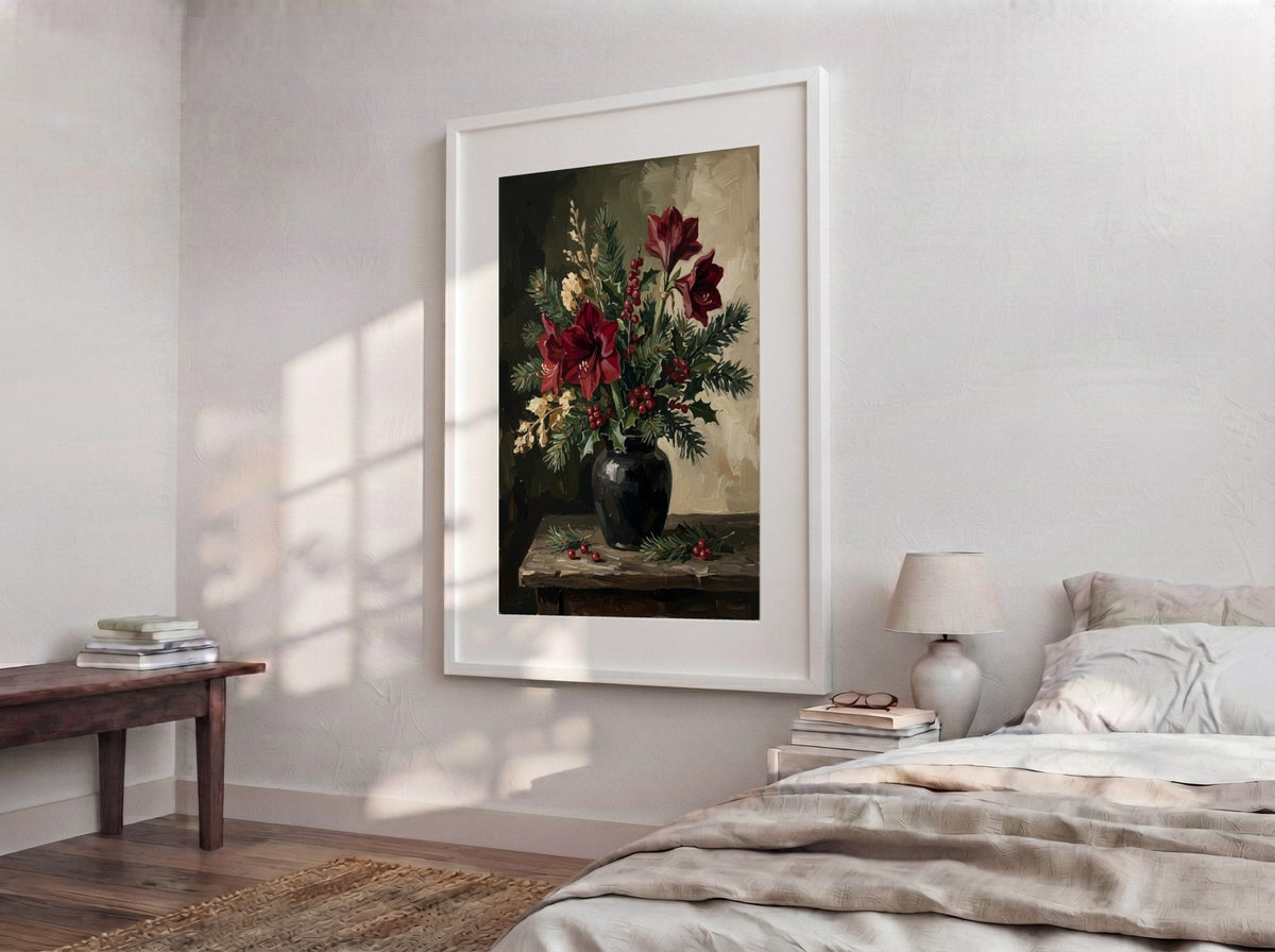 Poster featuring deep red amaryllis flowers with pine boughs and holly berries in vase