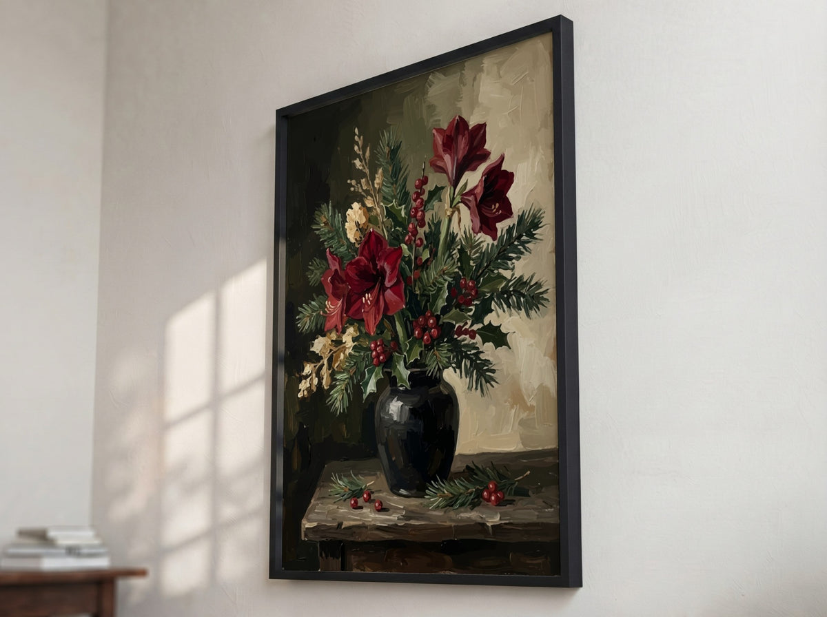 Poster featuring deep red amaryllis flowers with pine boughs and holly berries in vase