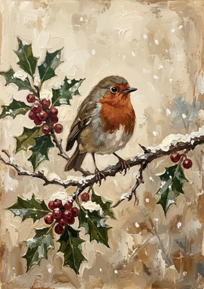 Poster featuring a robin perched on a holly branch with red berries and snow.