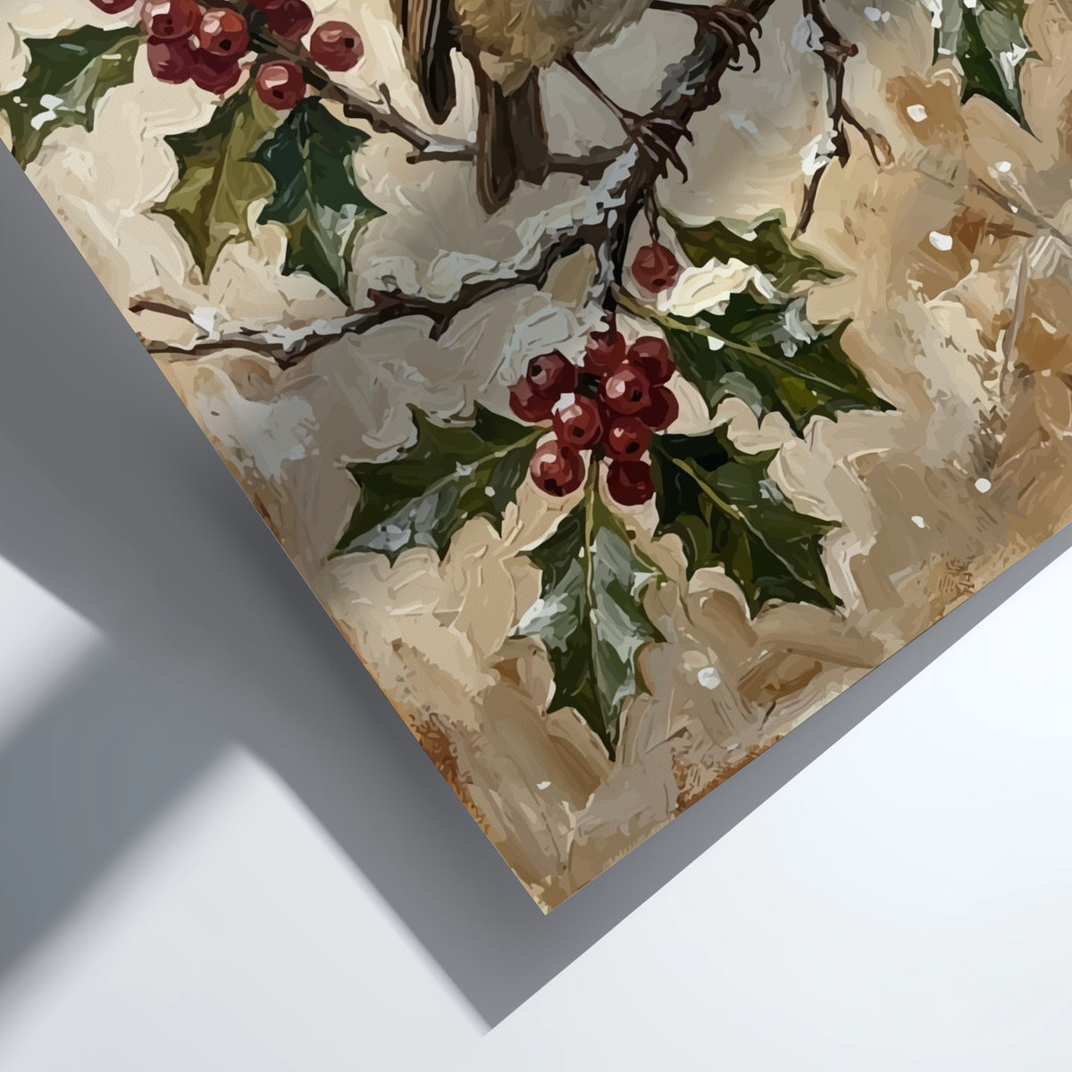 Poster featuring a robin perched on a holly branch with red berries and snow.