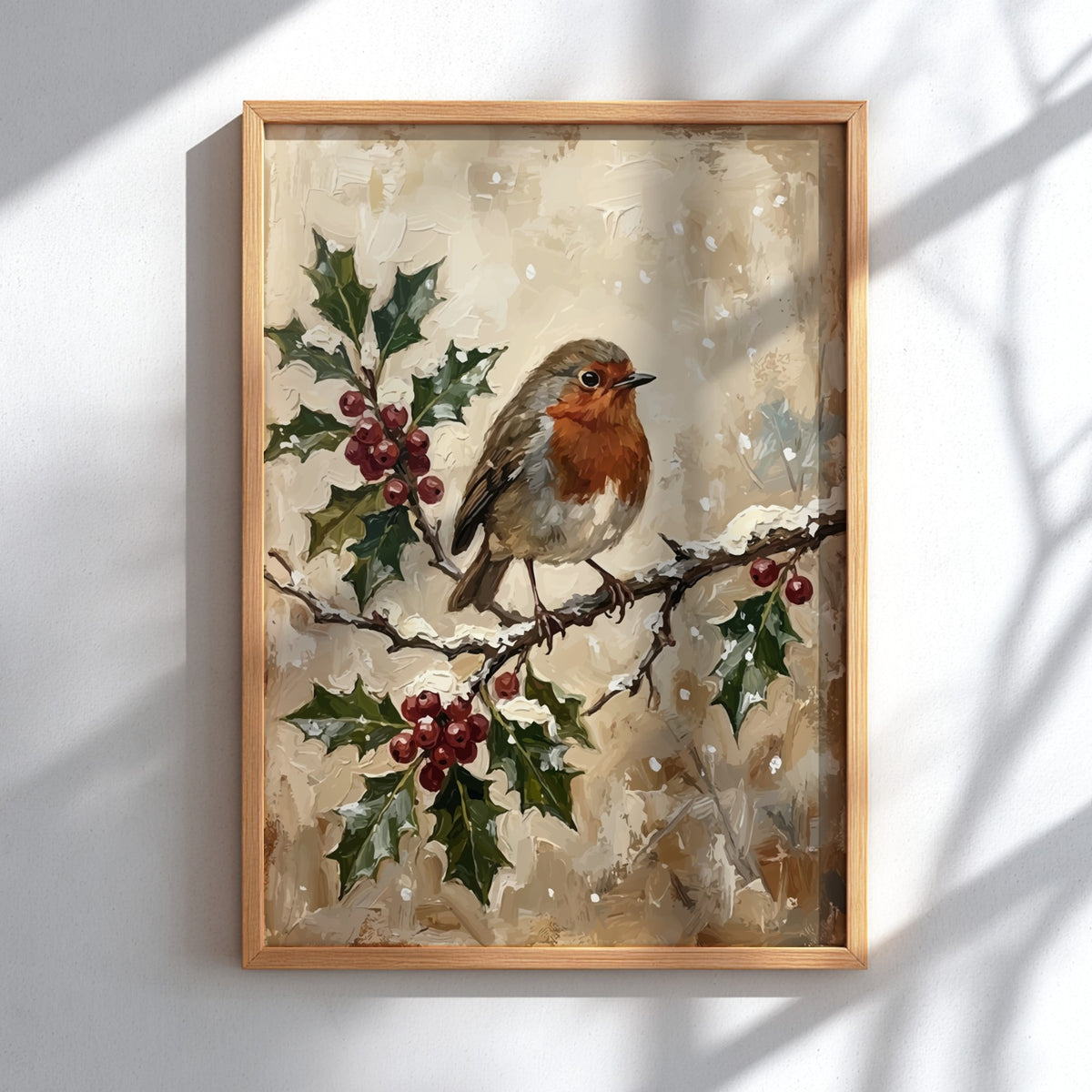 Poster featuring a robin perched on a holly branch with red berries and snow.