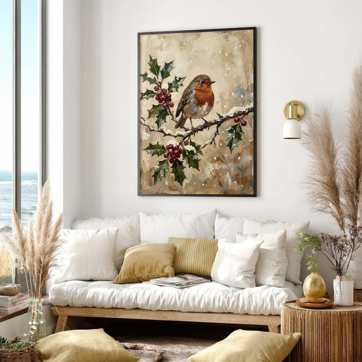 Poster featuring a robin perched on a holly branch with red berries and snow.