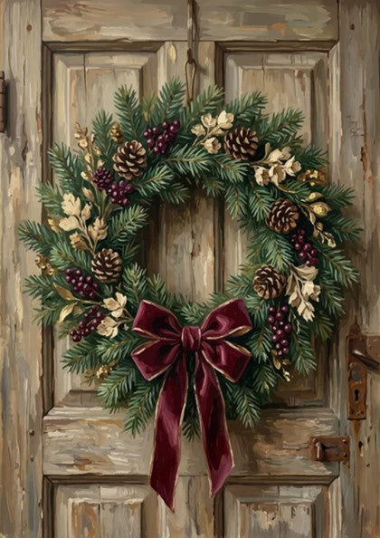 Poster featuring a classic Christmas wreath with pinecones and burgundy bow on wood.