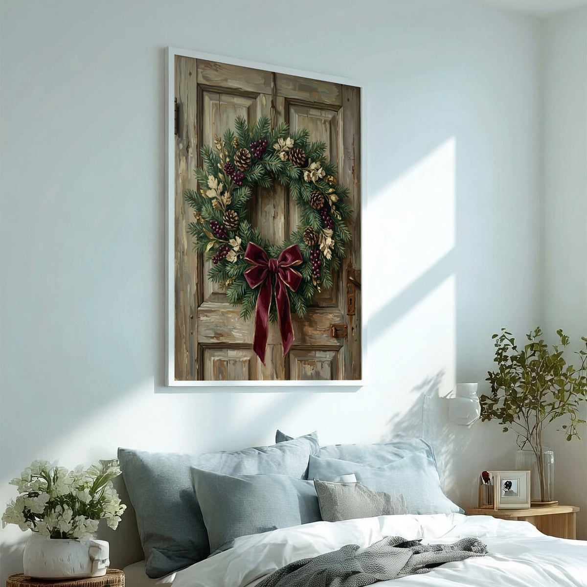 Poster featuring a classic Christmas wreath with pinecones and burgundy bow on wood.