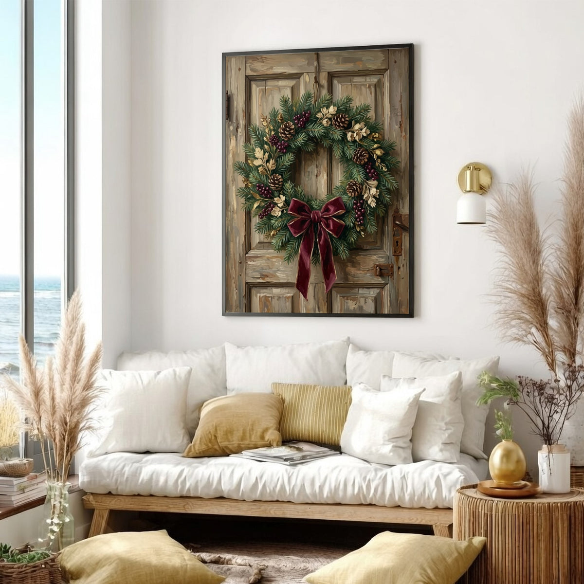 Poster featuring a classic Christmas wreath with pinecones and burgundy bow on wood.