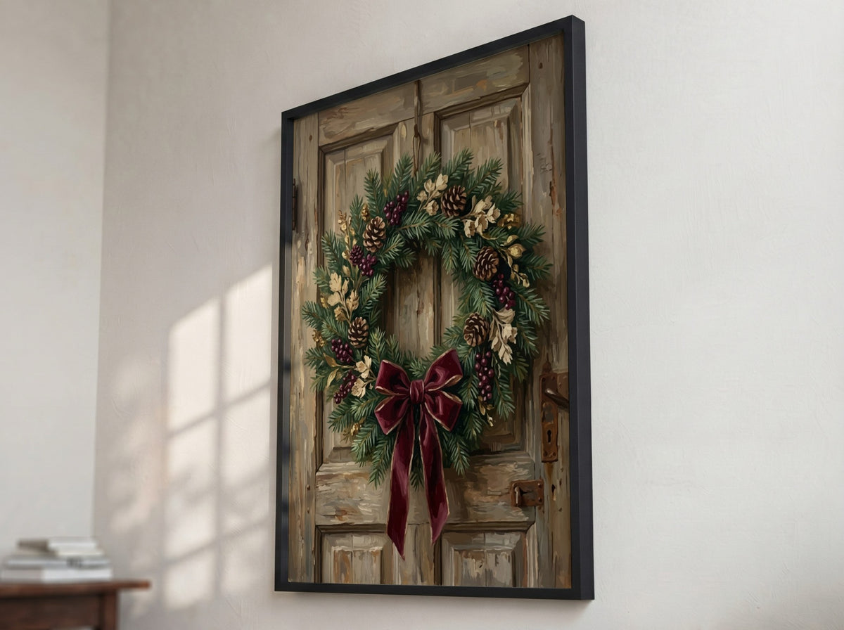 Poster featuring a classic Christmas wreath with pinecones and burgundy bow on wood.