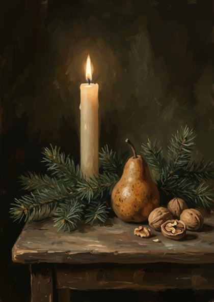 Poster featuring a candle with a lit flame beside a pear and walnuts