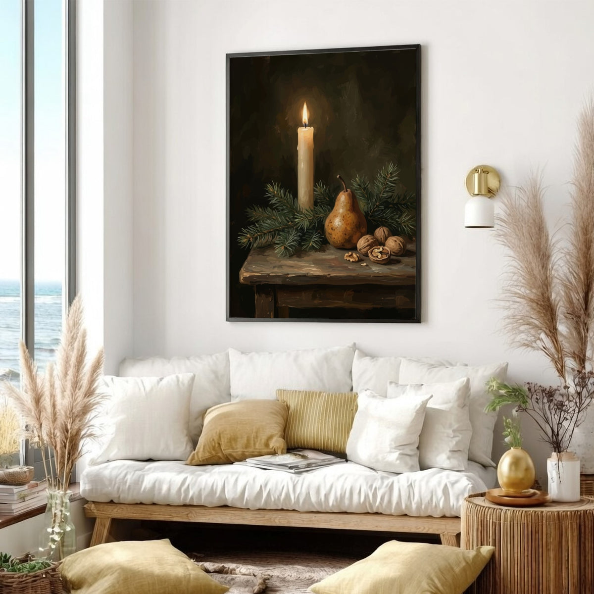 Poster featuring a candle with a lit flame beside a pear and walnuts