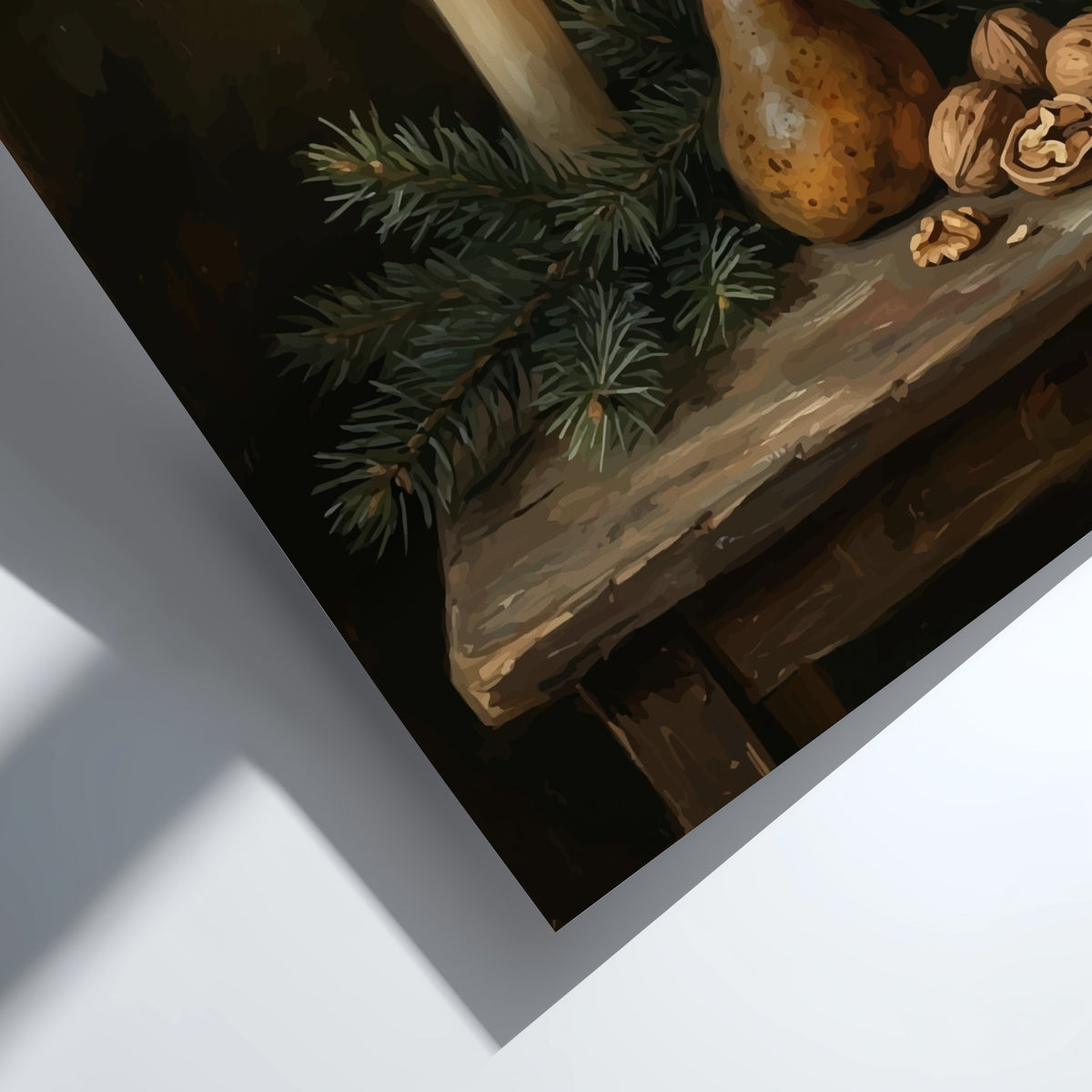 Poster featuring a candle with a lit flame beside a pear and walnuts