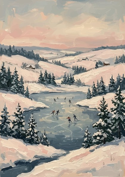 Poster featuring people ice skating on a frozen pond surrounded by snowy hills