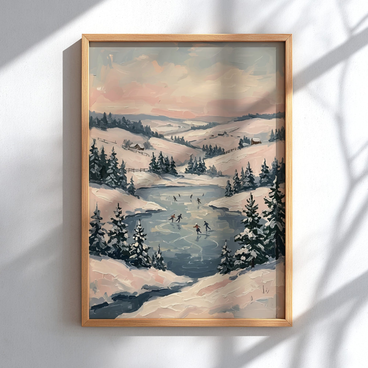Poster featuring people ice skating on a frozen pond surrounded by snowy hills