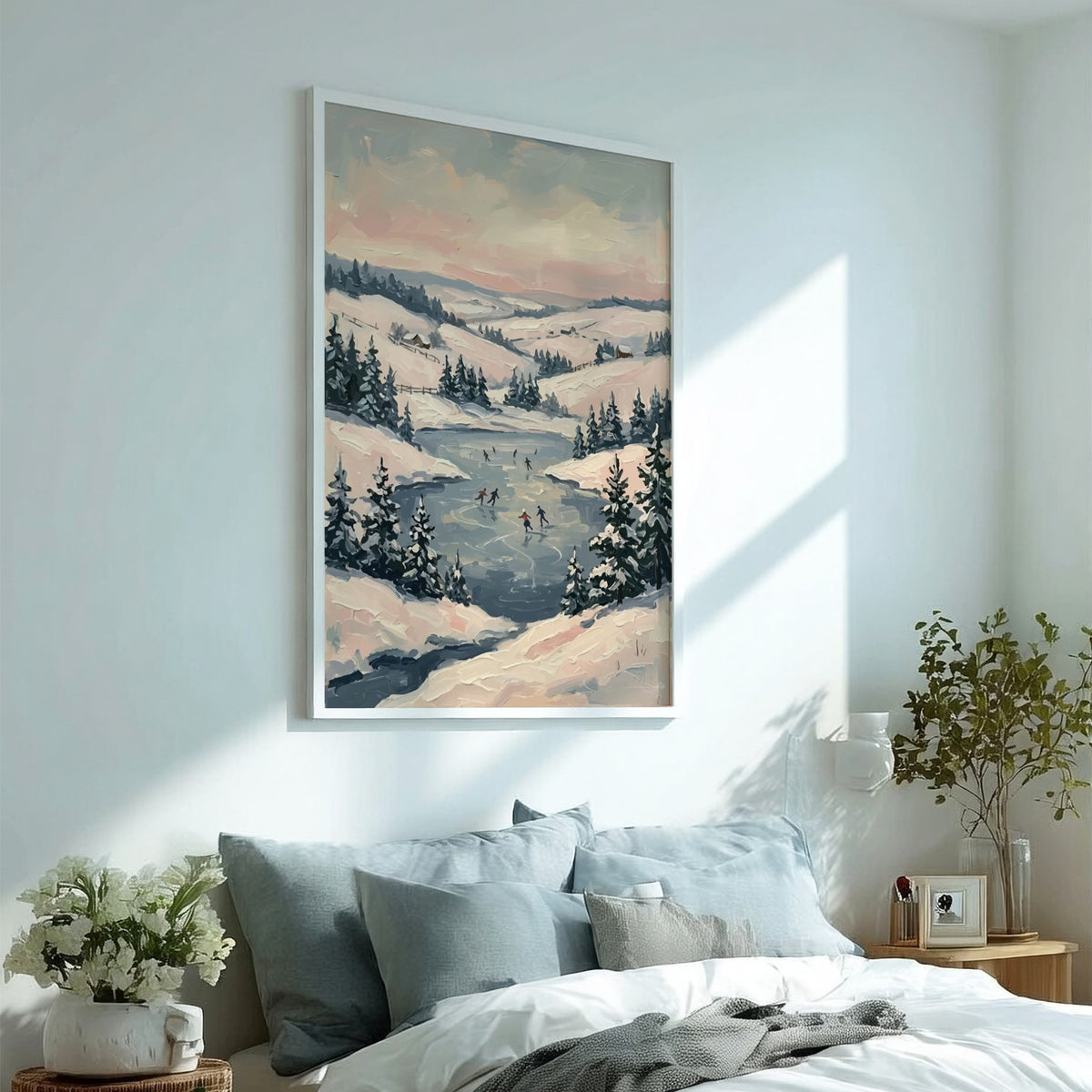 Poster featuring people ice skating on a frozen pond surrounded by snowy hills