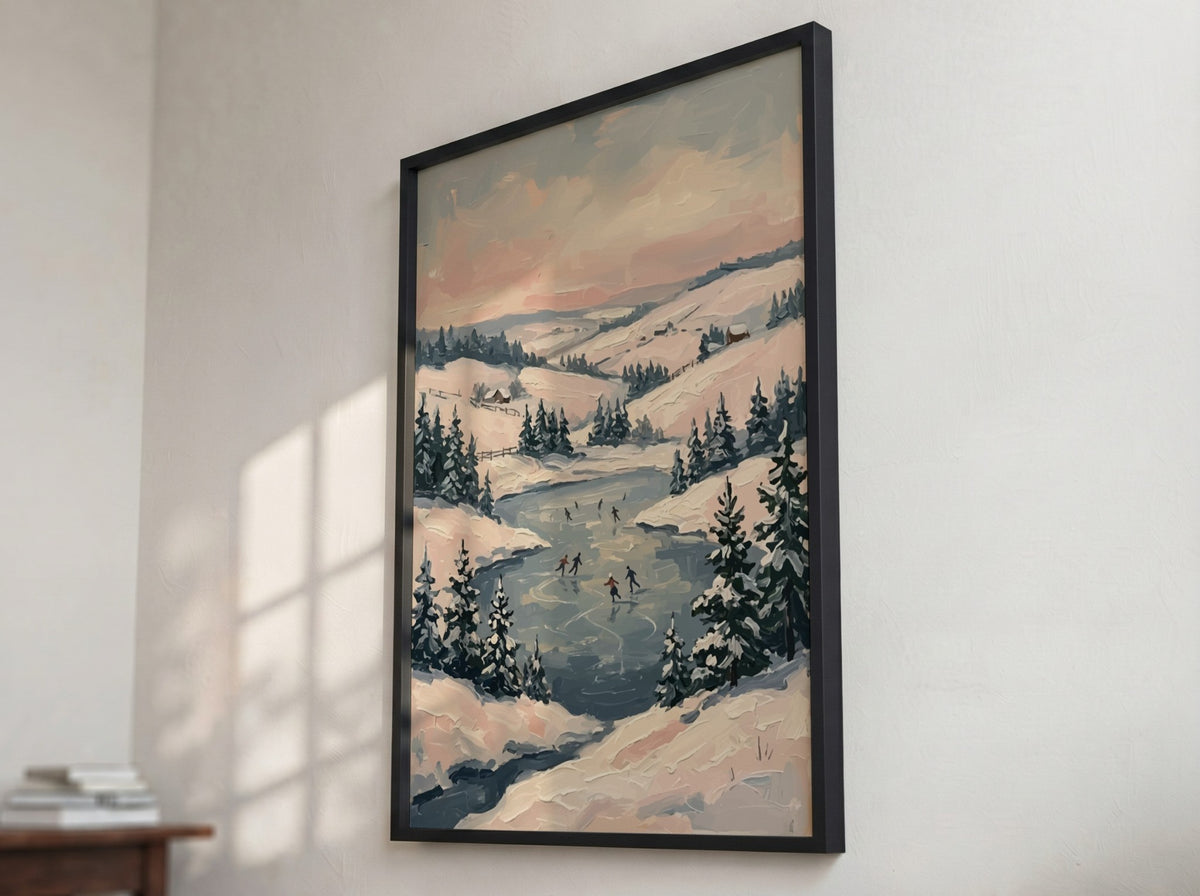 Poster featuring people ice skating on a frozen pond surrounded by snowy hills
