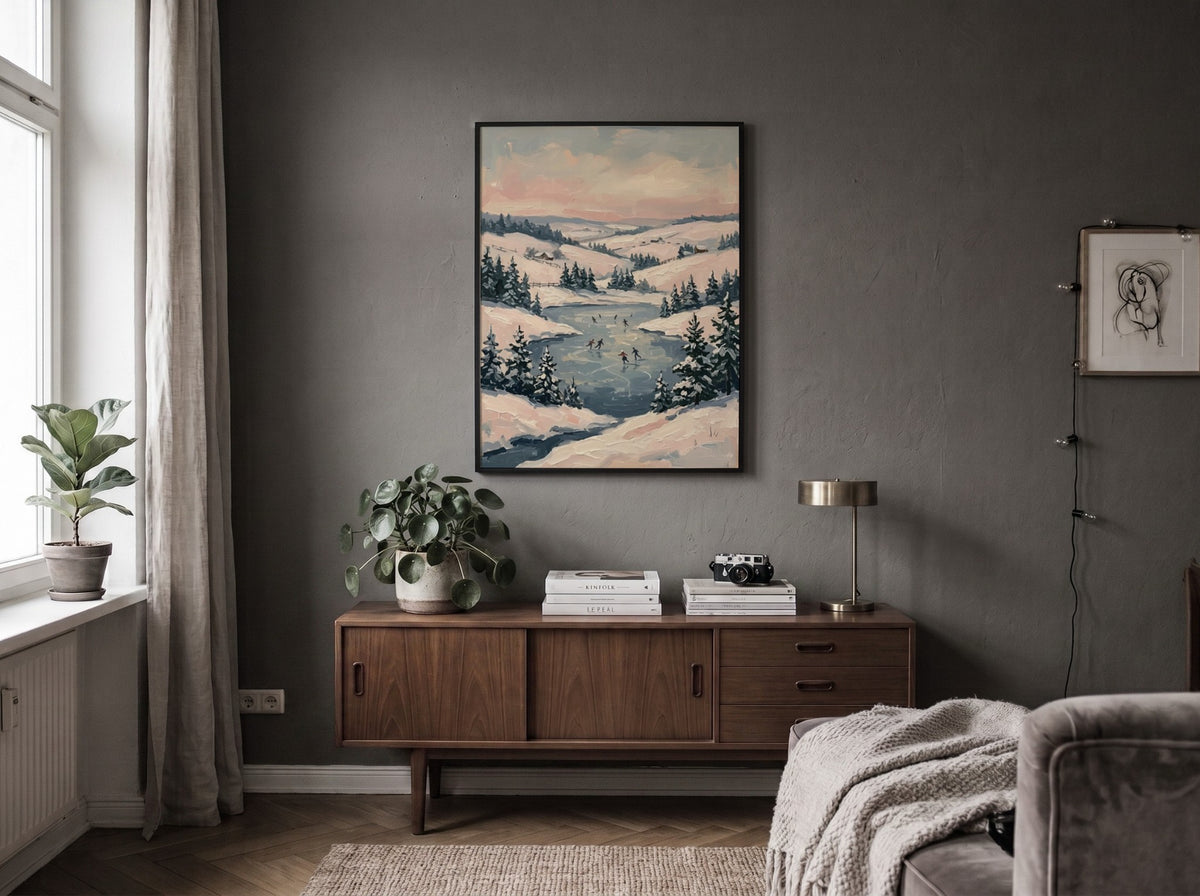 Poster featuring people ice skating on a frozen pond surrounded by snowy hills