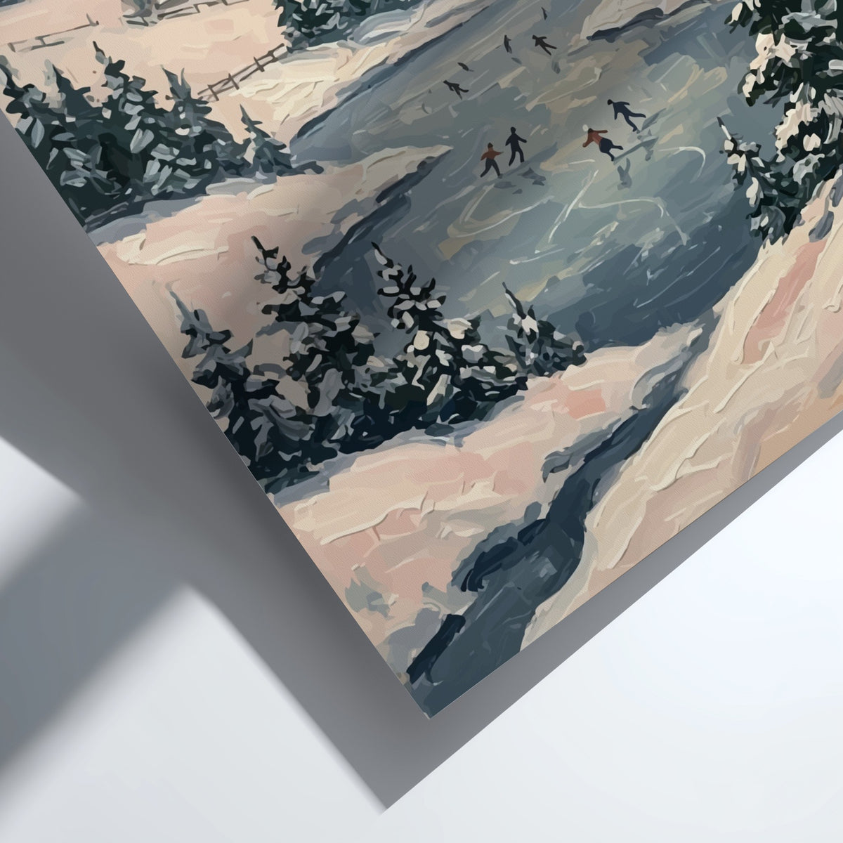 Poster featuring people ice skating on a frozen pond surrounded by snowy hills