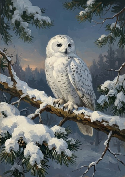 Poster featuring a majestic white snowy owl perched on a snow covered pine branch.