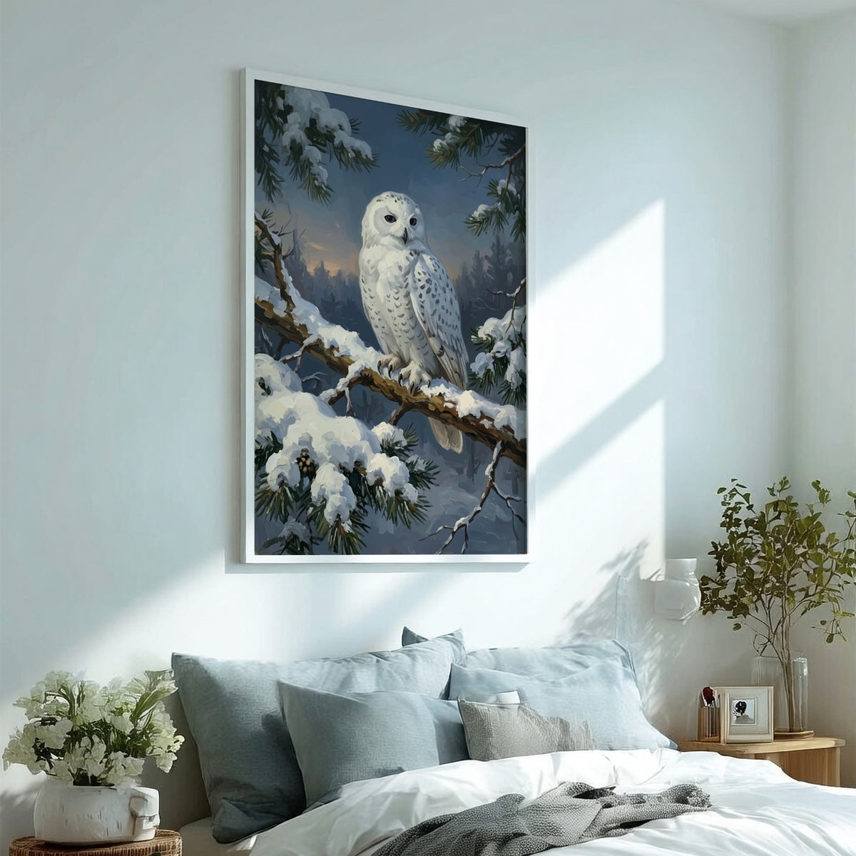 Poster featuring a majestic white snowy owl perched on a snow covered pine branch.