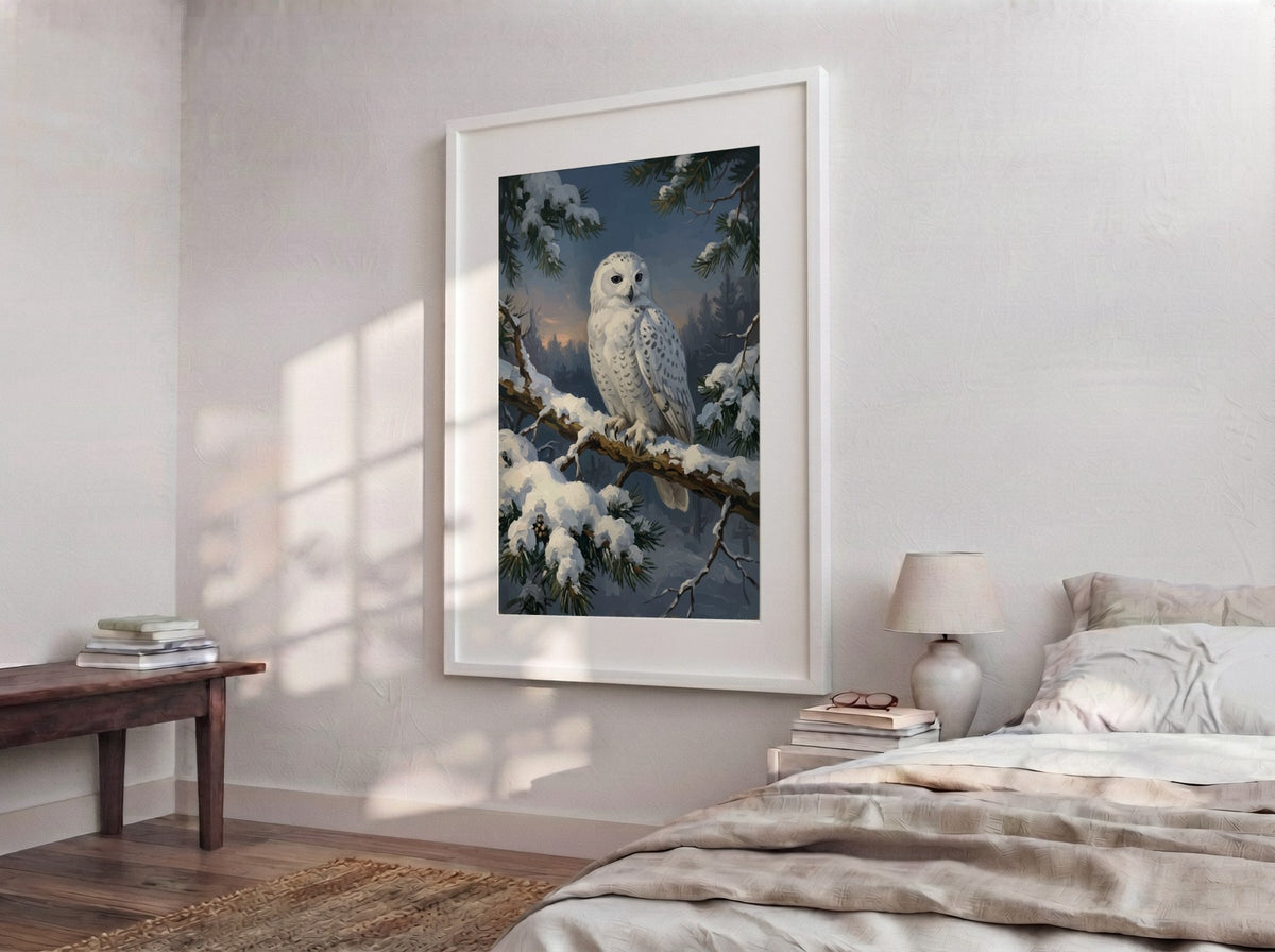 Poster featuring a majestic white snowy owl perched on a snow covered pine branch.