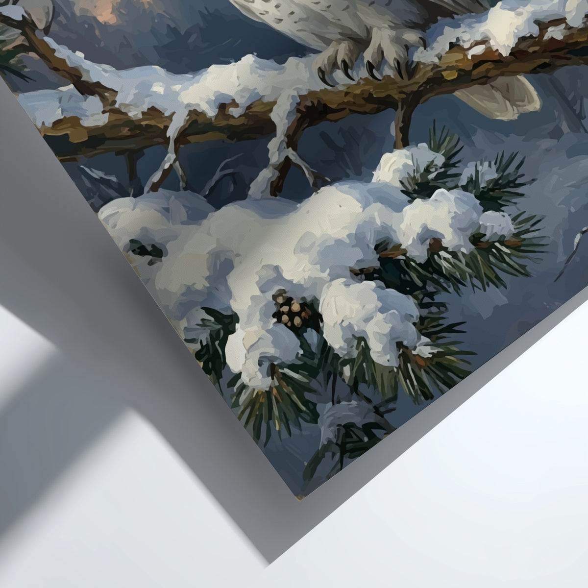 Poster featuring a majestic white snowy owl perched on a snow covered pine branch.