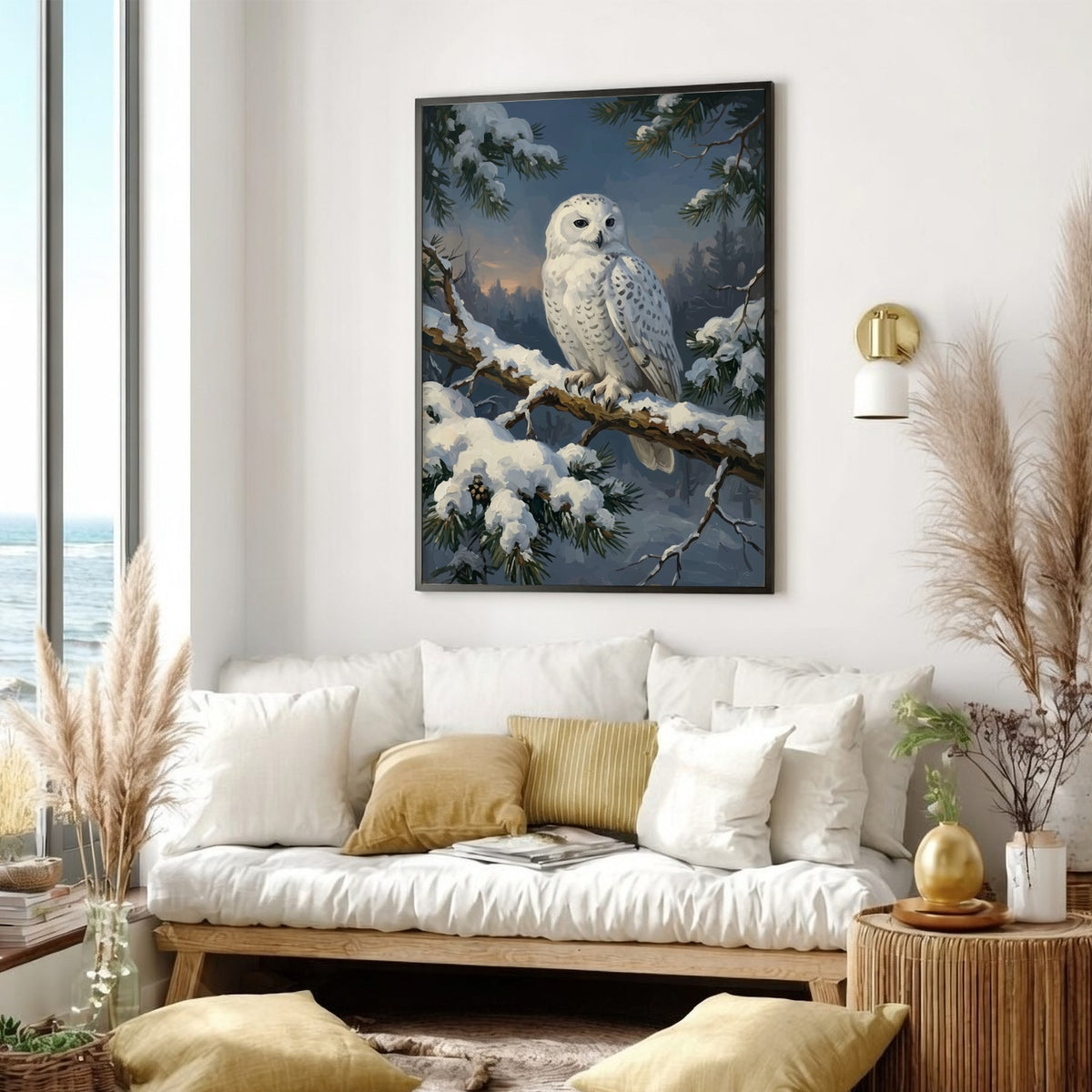 Poster featuring a majestic white snowy owl perched on a snow covered pine branch.