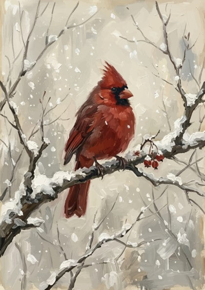 Poster featuring a bright red cardinal bird perched on a snowy winter branch.