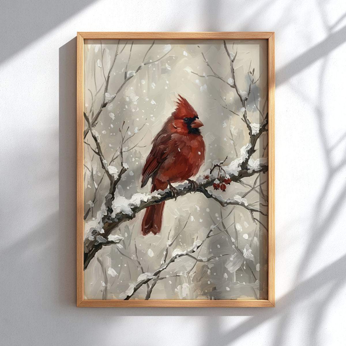 Poster featuring a bright red cardinal bird perched on a snowy winter branch.