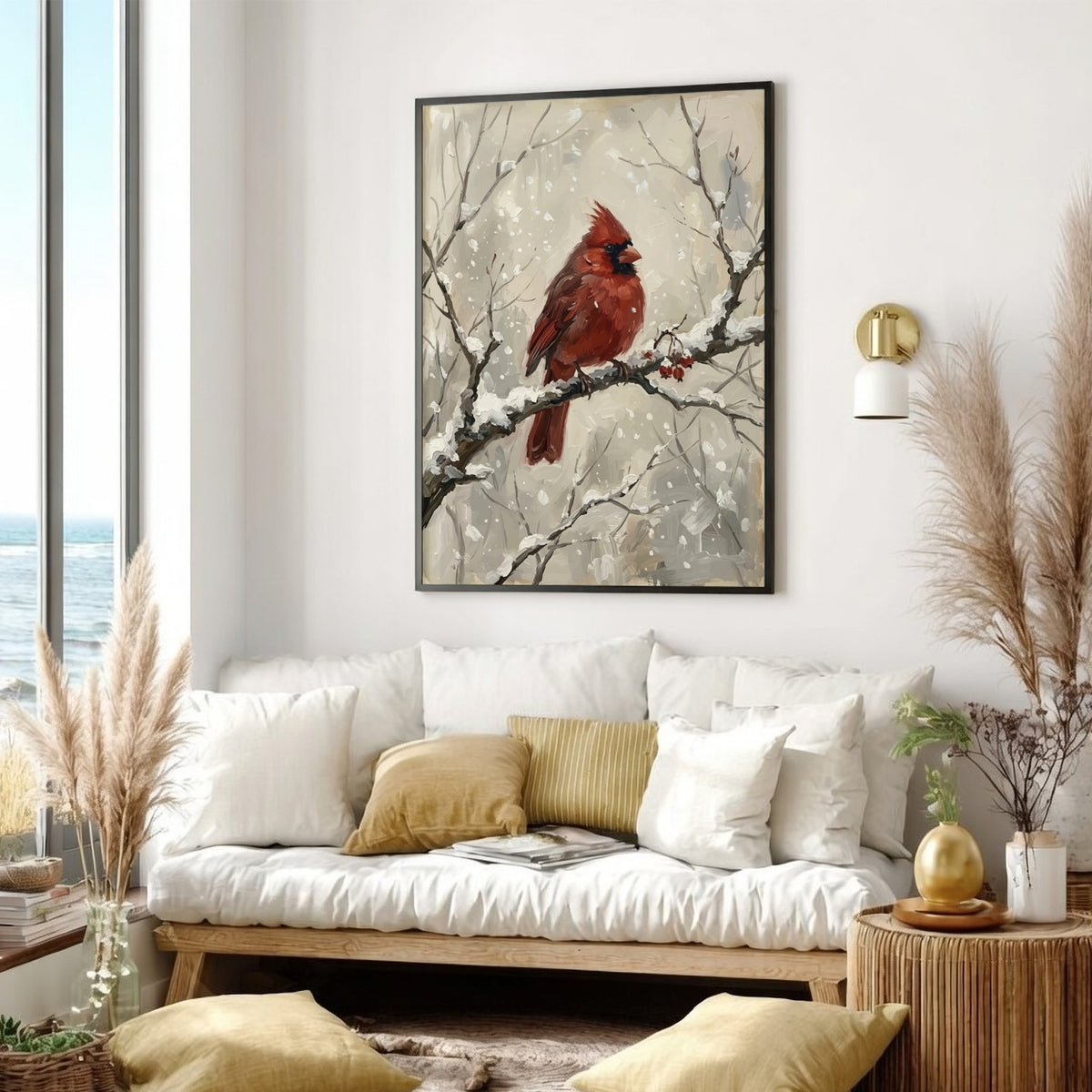 Poster featuring a bright red cardinal bird perched on a snowy winter branch.