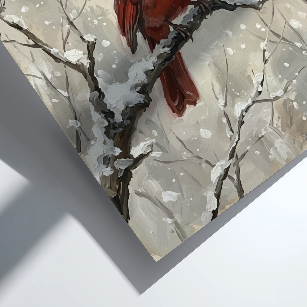 Poster featuring a bright red cardinal bird perched on a snowy winter branch.