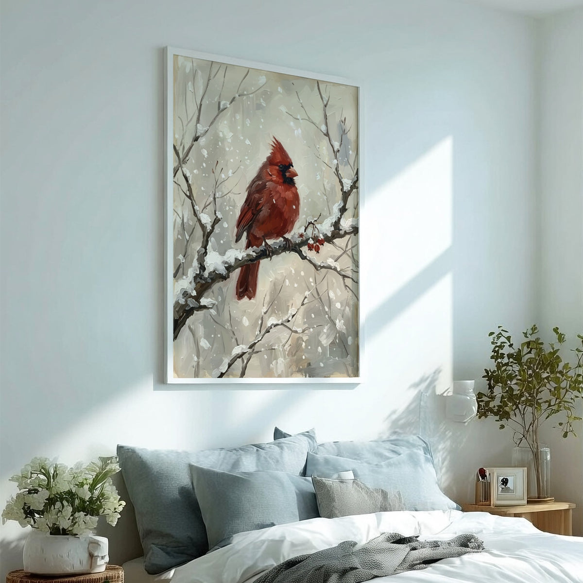 Poster featuring a bright red cardinal bird perched on a snowy winter branch.