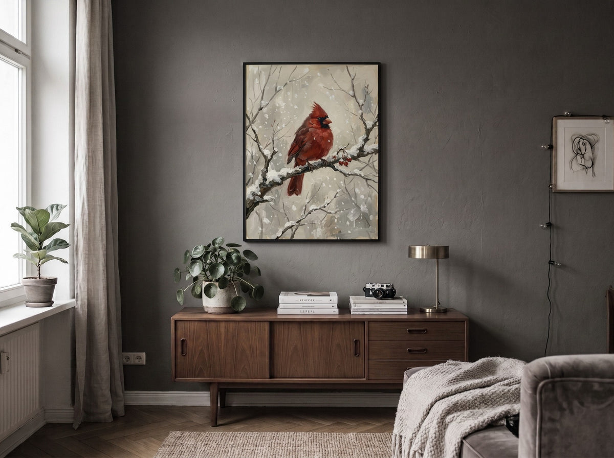 Poster featuring a bright red cardinal bird perched on a snowy winter branch.