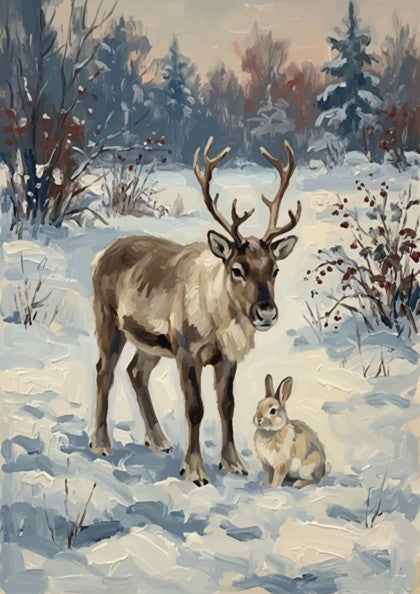 Poster featuring a reindeer and rabbit standing in a peaceful snowy winter forest landscape.