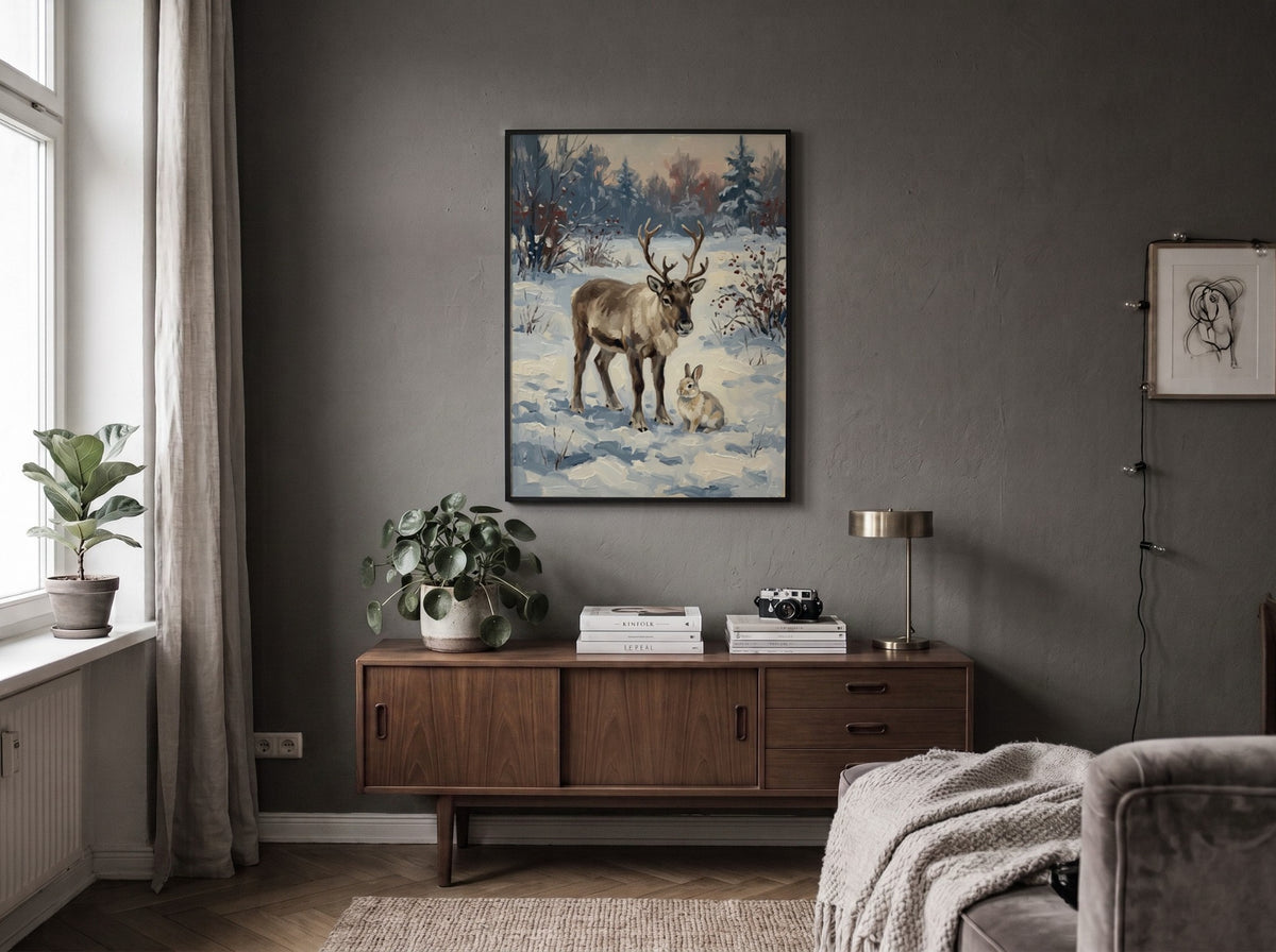Poster featuring a reindeer and rabbit standing in a peaceful snowy winter forest landscape.