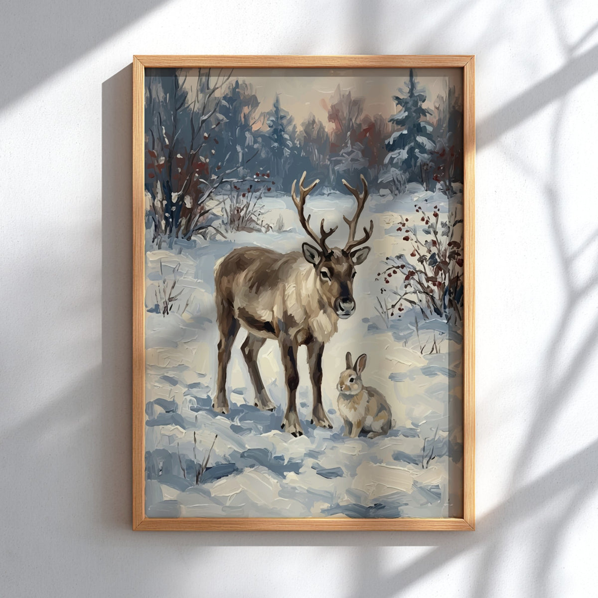 Poster featuring a reindeer and rabbit standing in a peaceful snowy winter forest landscape.