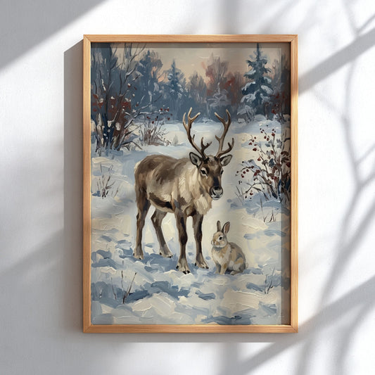 Poster featuring a reindeer and rabbit standing in a peaceful snowy winter forest landscape.
