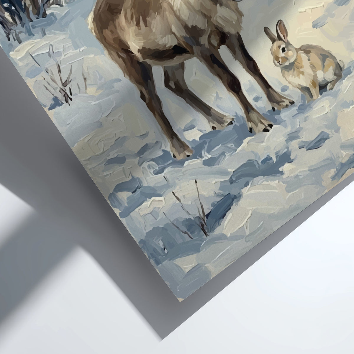 Poster featuring a reindeer and rabbit standing in a peaceful snowy winter forest landscape.