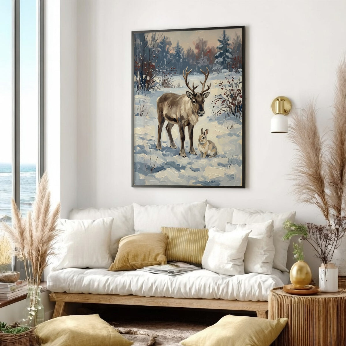 Poster featuring a reindeer and rabbit standing in a peaceful snowy winter forest landscape.