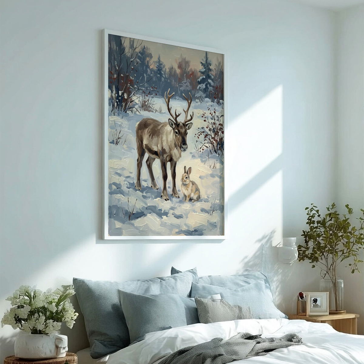 Poster featuring a reindeer and rabbit standing in a peaceful snowy winter forest landscape.