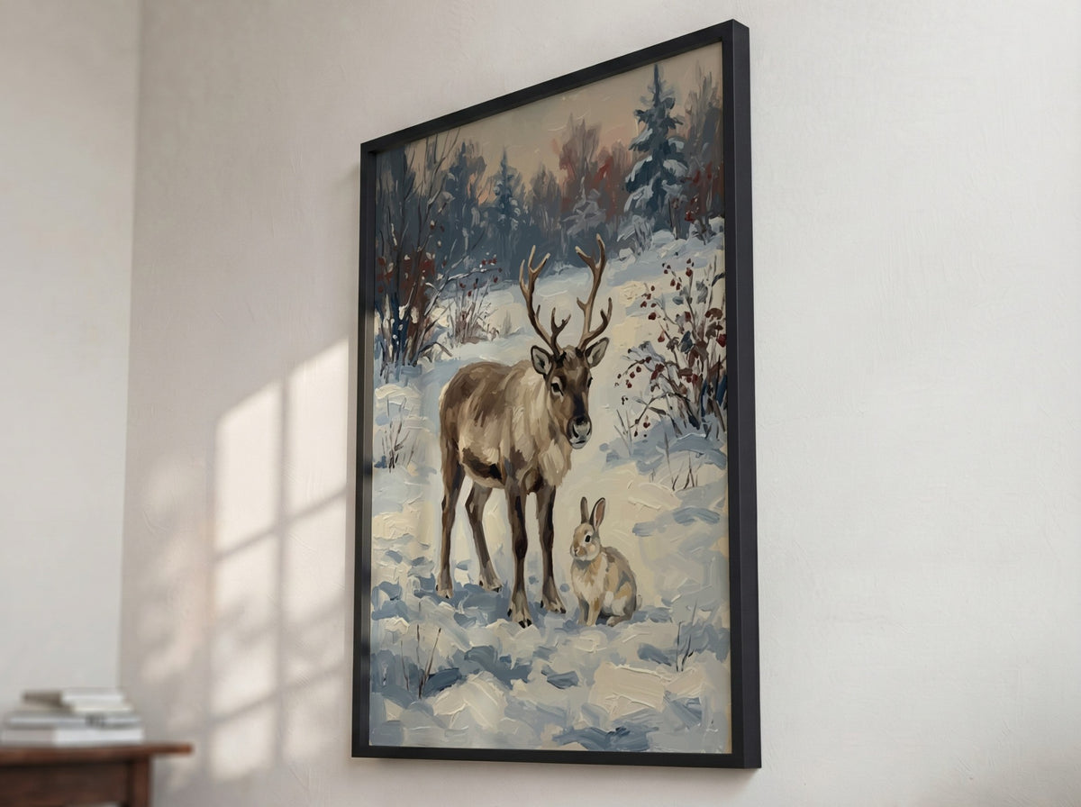 Poster featuring a reindeer and rabbit standing in a peaceful snowy winter forest landscape.