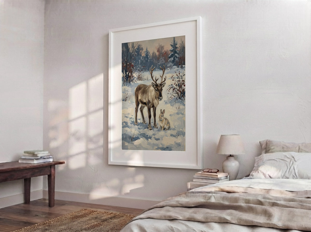 Poster featuring a reindeer and rabbit standing in a peaceful snowy winter forest landscape.