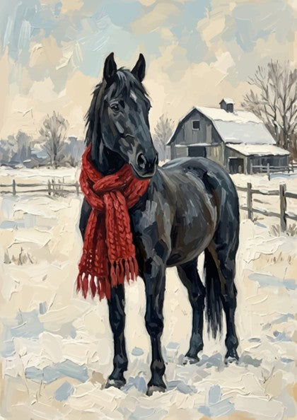 Poster featuring a black horse wearing a red scarf standing in snowy farm fields.