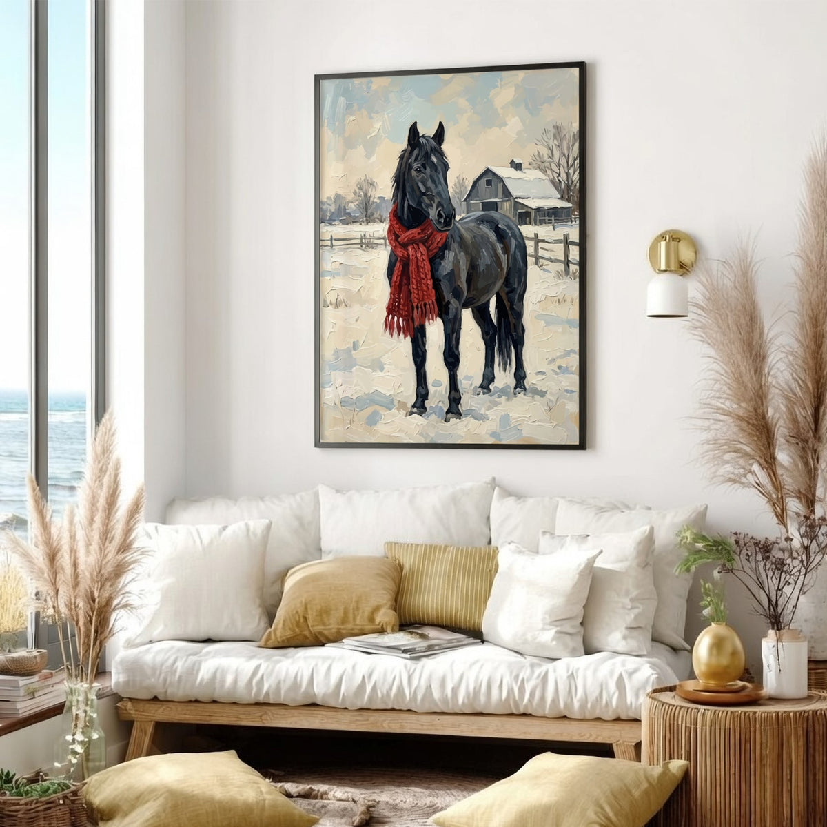 Poster featuring a black horse wearing a red scarf standing in snowy farm fields.