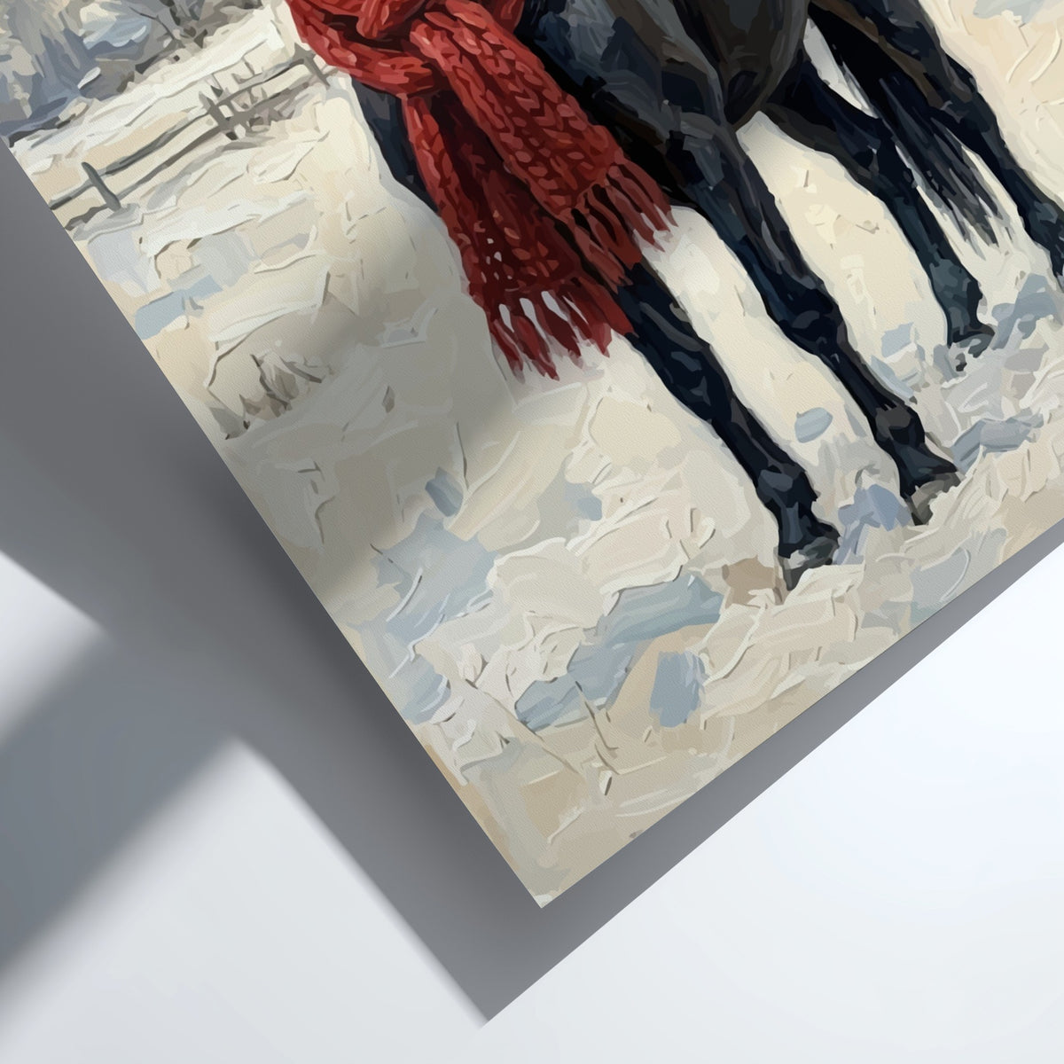 Poster featuring a black horse wearing a red scarf standing in snowy farm fields.